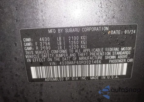 2024 Subaru Legacy Premium z USA, uszkodzony, nr VIN 4S3BWAF60R3021466